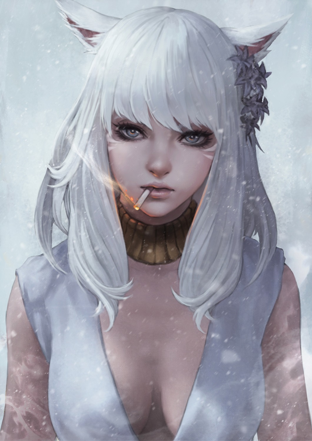 animal_ears cleavage final_fantasy final_fantasy_xiv miqo'te monori_rogue no_bra smoking