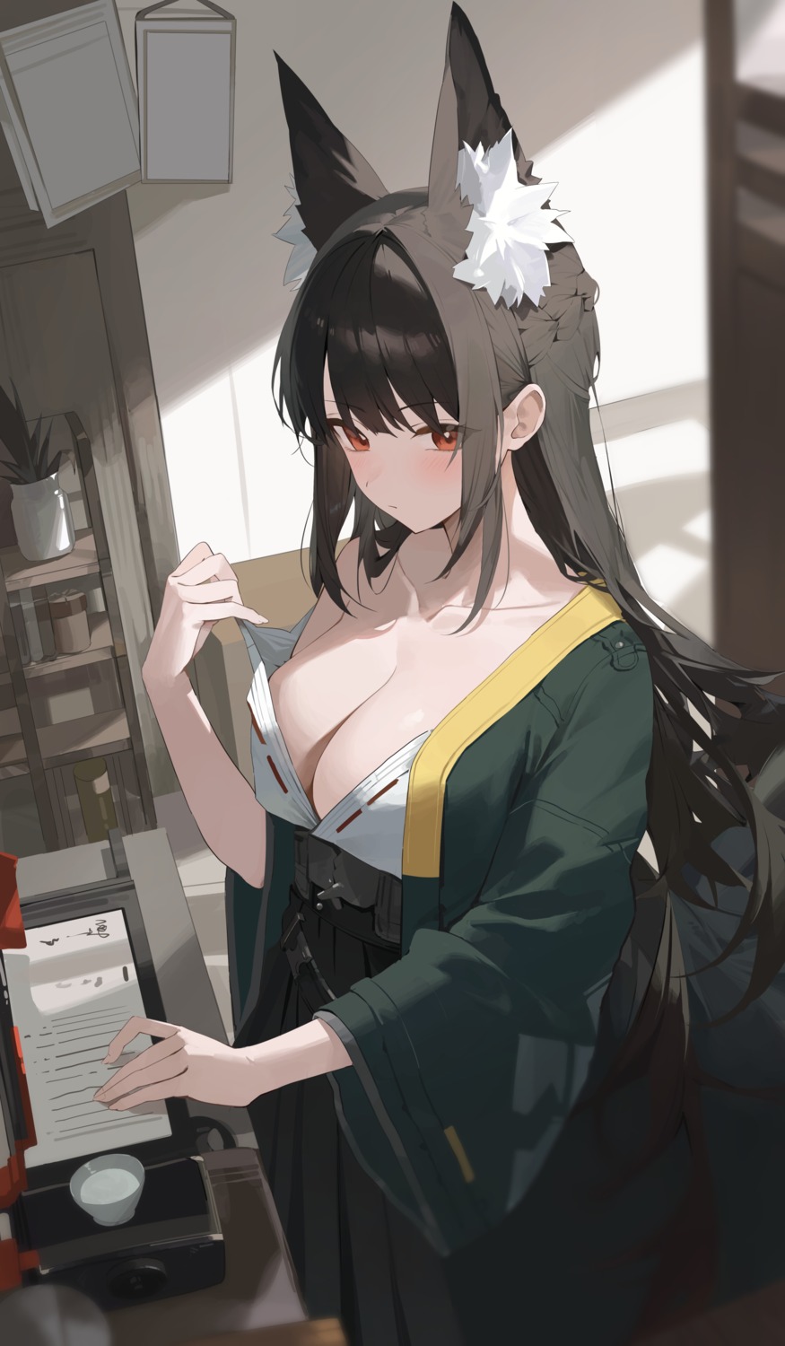 animal_ears hoshimi_miyabi japanese_clothes kitsune no_bra open_shirt pray_(furei) undressing zenless_zone_zero