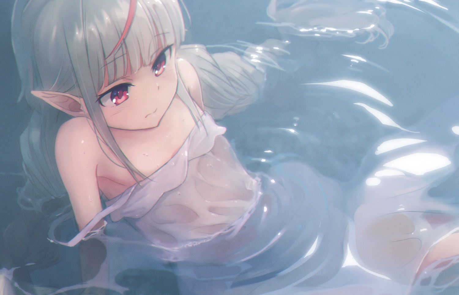 dress loli makaino_ririmu nijisanji nijisanji_gamers no_bra pointy_ears sabamen summer_dress wet wet_clothes