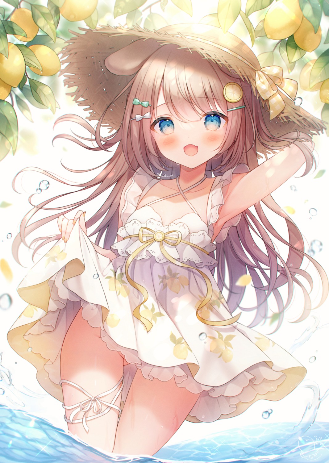 animal_ears dress garter omochi_monaka skirt_lift summer_dress wet