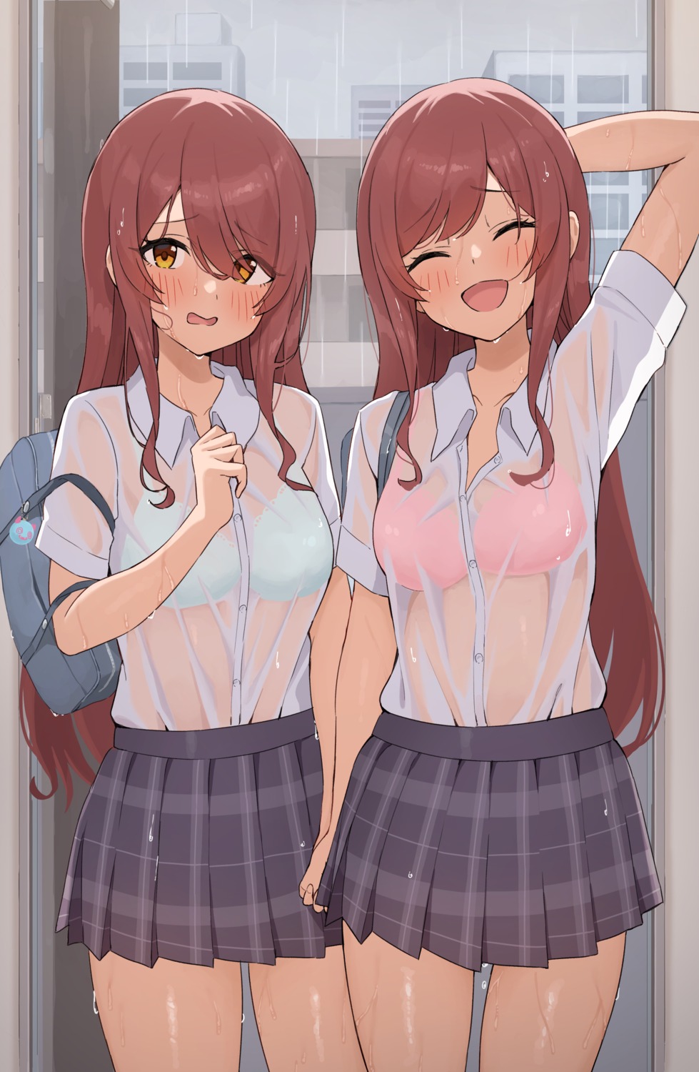 bra oosaki_amana oosaki_tenka see_through seifuku the_idolm@ster the_idolm@ster_shiny_colors wanimaru wet wet_clothes