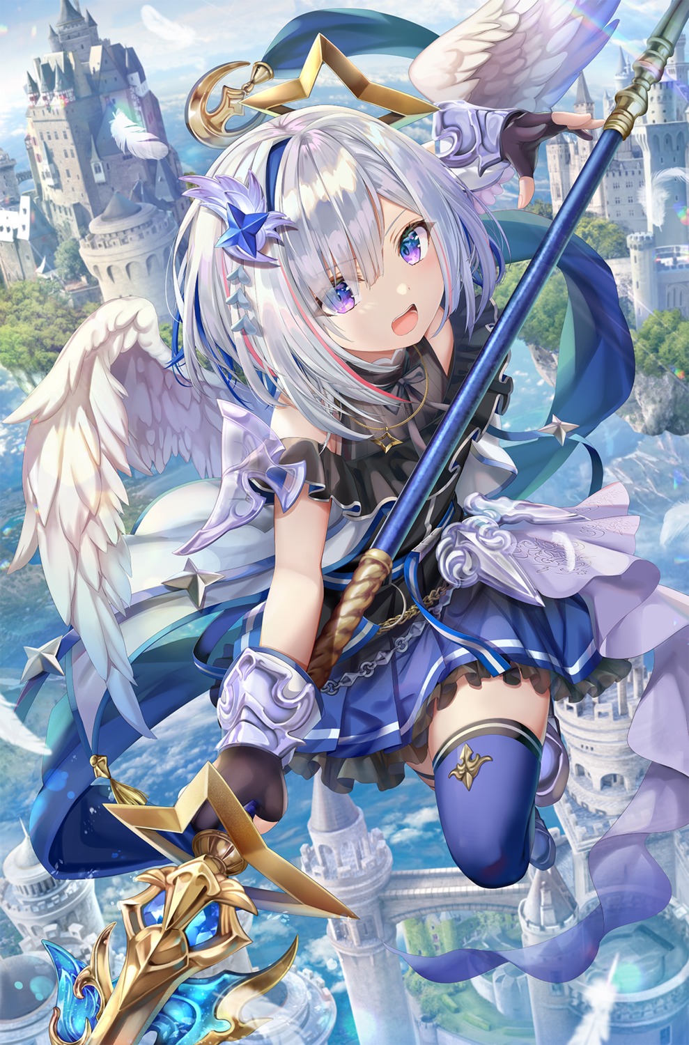 amane_kanata angel artist_revision garter hololive skirt_lift thighhighs torino_akua weapon wings