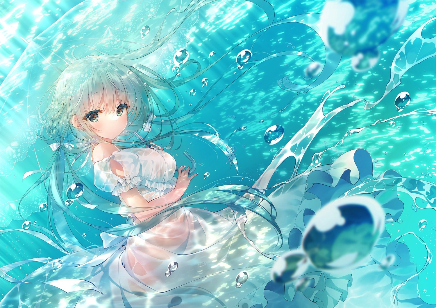 dress see_through shouna_mitsuishi skirt_lift summer_dress wet wet_clothes