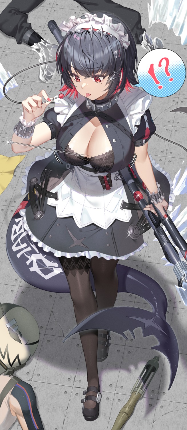 aile_(crossroads) bra ellen_joe maid open_shirt pantyhose tail weapon zenless_zone_zero