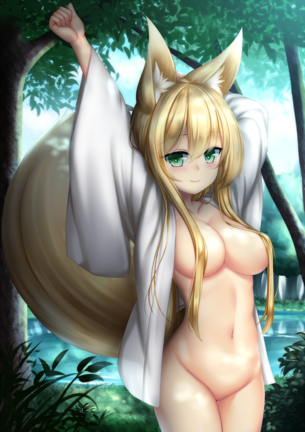animal_ears bottomless breasts himeka_chiyako japanese_clothes kitsune no_bra open_shirt playjoe2005 pussy tail uncensored