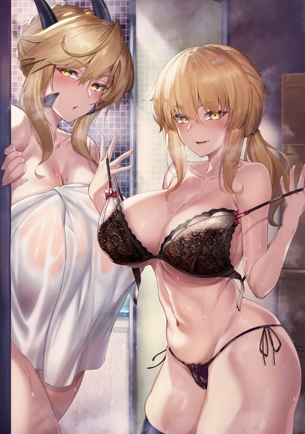 artoria_pendragon_(lancer_alter) bra cameltoe fate/grand_order hirasawa_seiji horns pantsu saber saber_alter string_panties thighhighs towel undressing wet