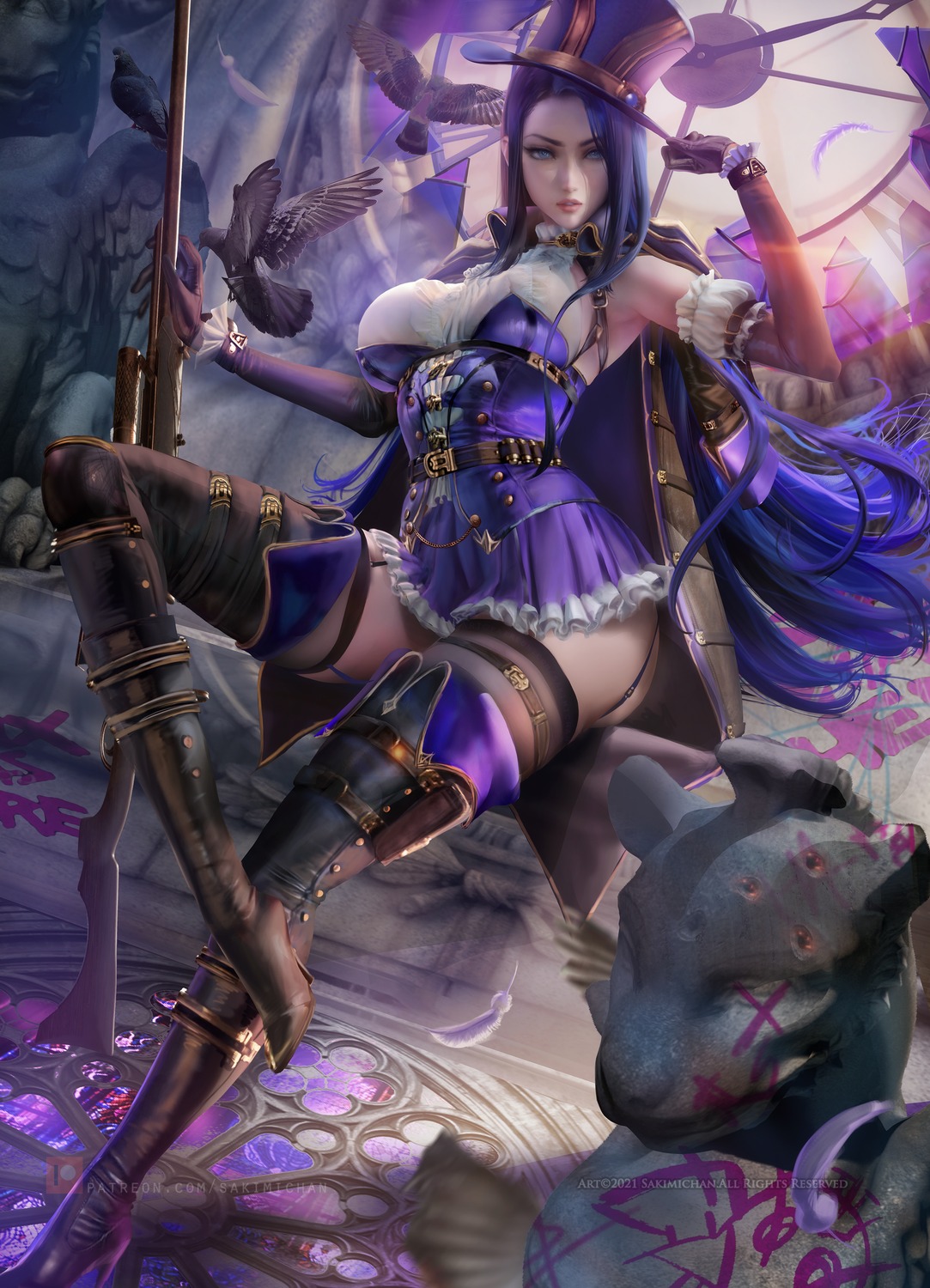 caitlyn garter gun heels league_of_legends sakimichan skirt_lift stockings thighhighs