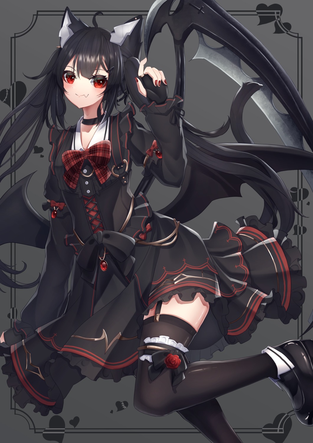 animal_ears garter gothic_lolita hinata_(pixiv53862745) lolita_fashion nekomimi tail thighhighs weapon wings