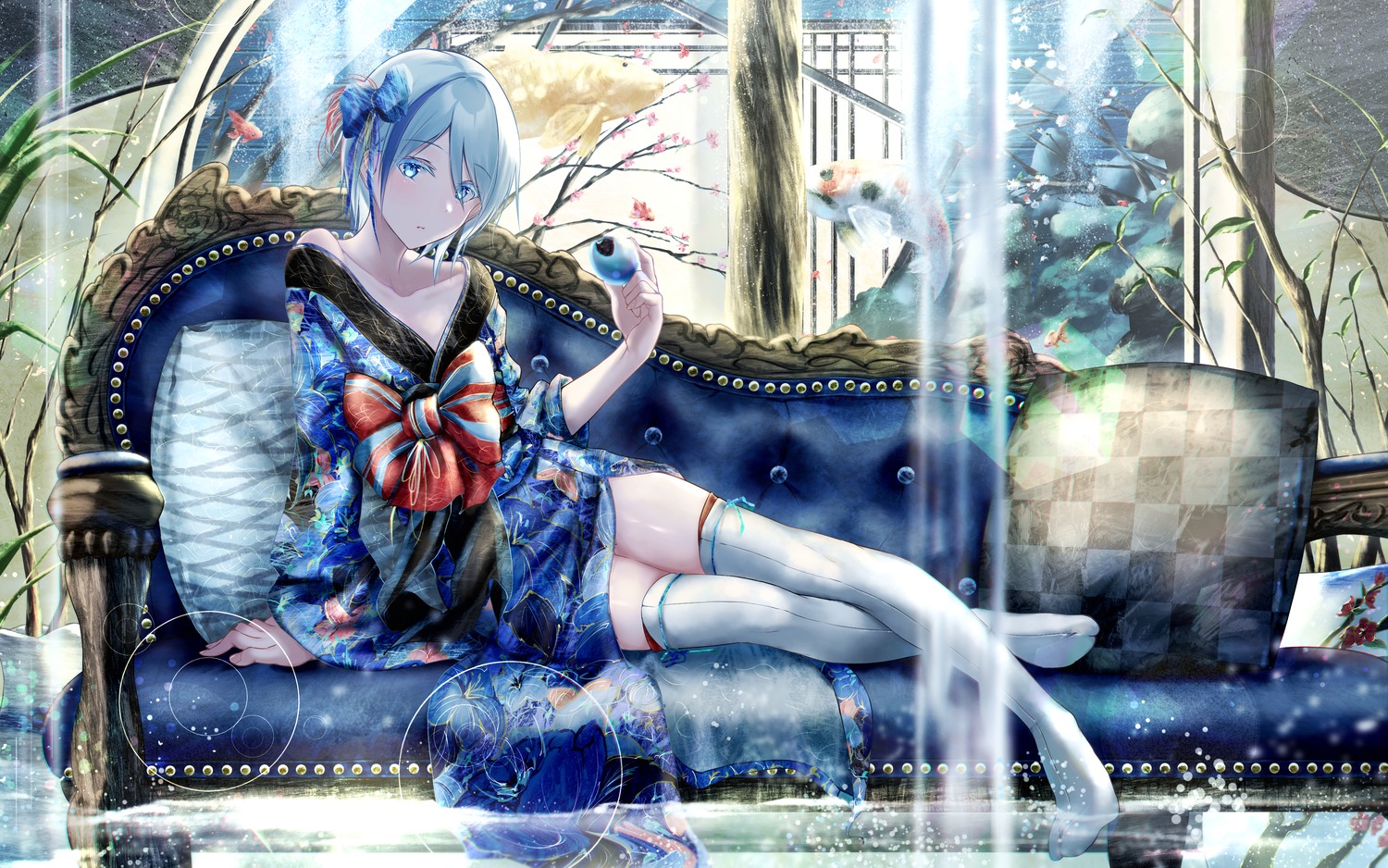 japanese_clothes meen_(ouaughikepdvrsf) no_bra open_shirt thighhighs wet