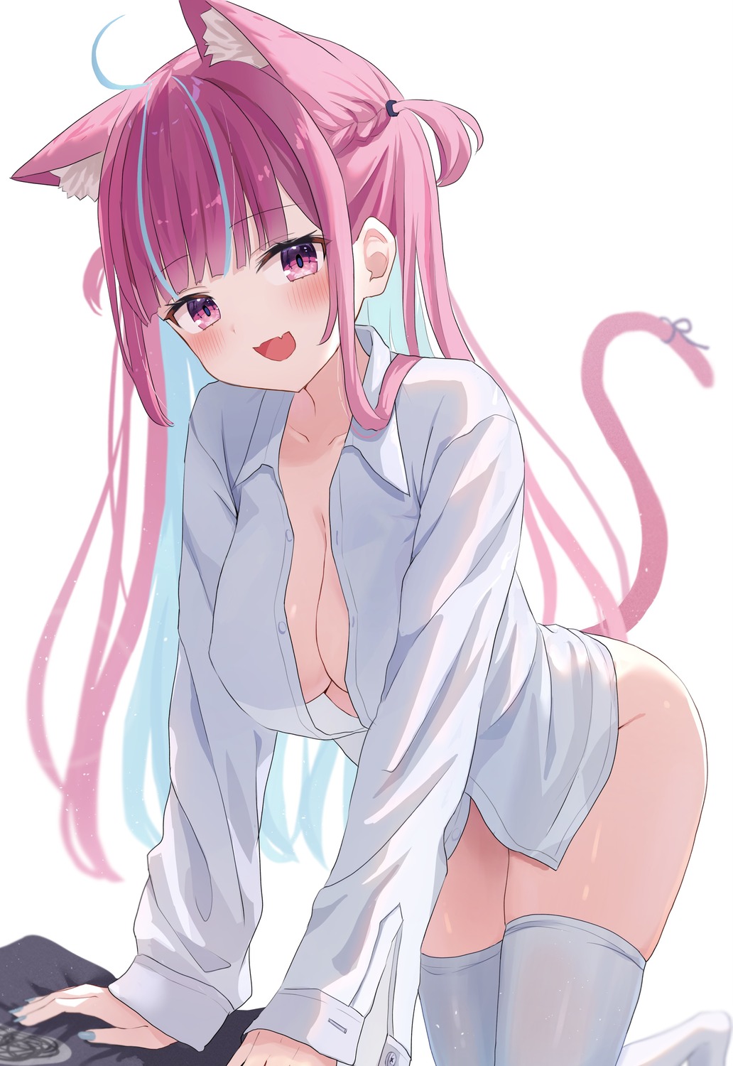 animal_ears bottomless dress_shirt hololive mei_am0 minato_aqua nekomimi no_bra open_shirt see_through tail thighhighs