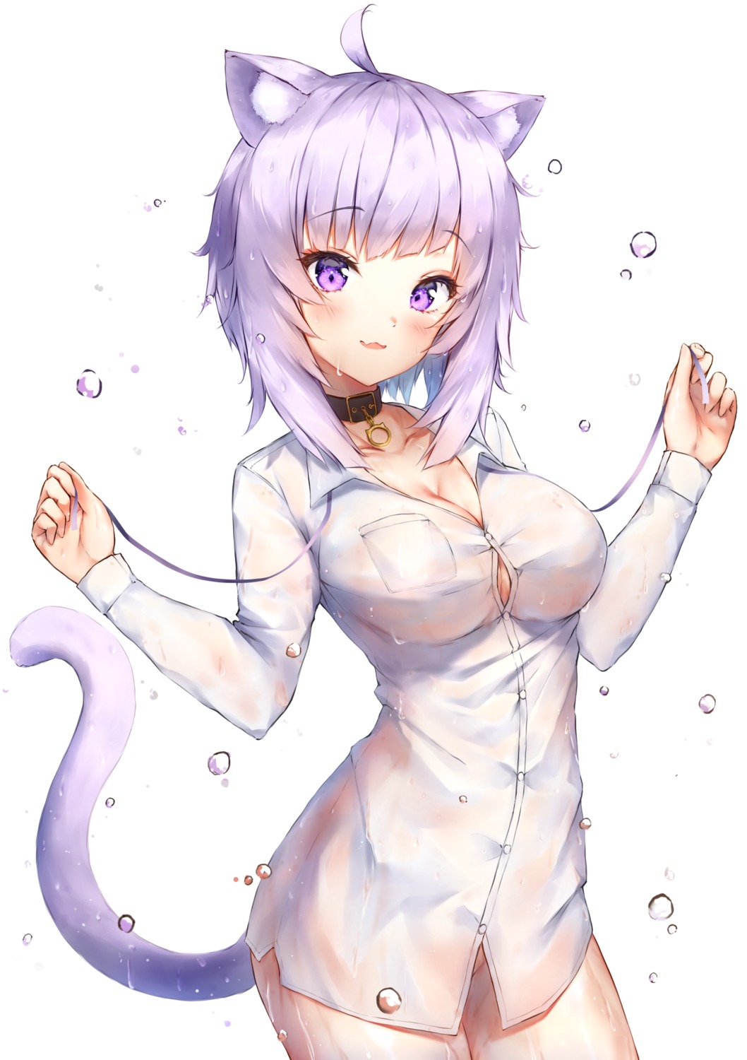 animal_ears bottomless dress_shirt hololive hololive_gamers ijac_ray nekomata_okayu nekomimi no_bra see_through tail wet wet_clothes