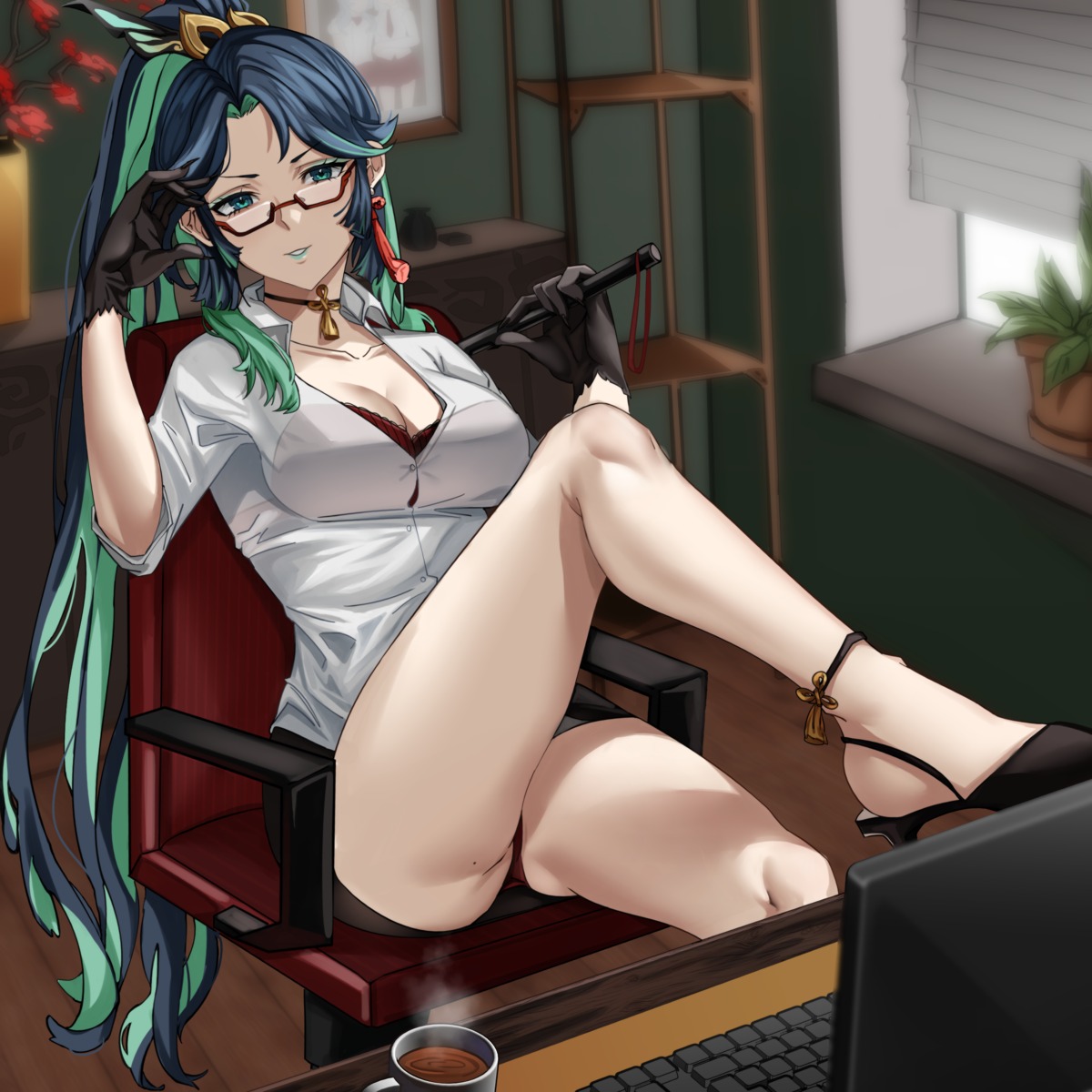 bra dress_shirt genshin_impact heels megane open_shirt pantsu see_through skirt_lift tagme thong weapon xianyun