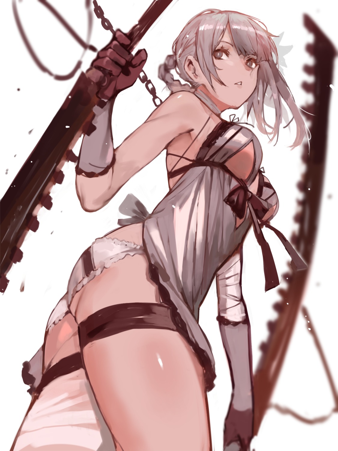 bandages dokuro_deluxe garter kaine_(nier) nier nier_replicant no_bra sword thighhighs