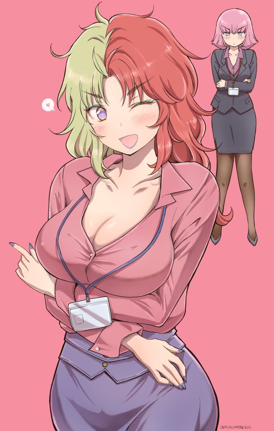 breast_hold business_suit cleavage gundam gundam_zz haman_karn iwasaki_masakazu open_shirt pantyhose zeta_gundam