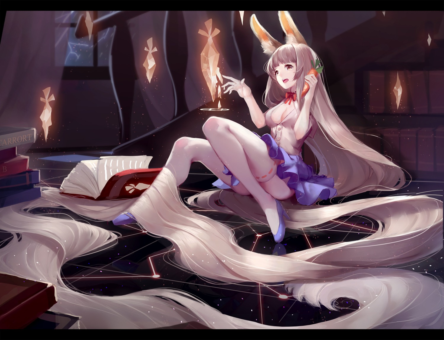 animal_ears bunny_ears cleavage heels helic_(7317helic) no_bra open_shirt thighhighs