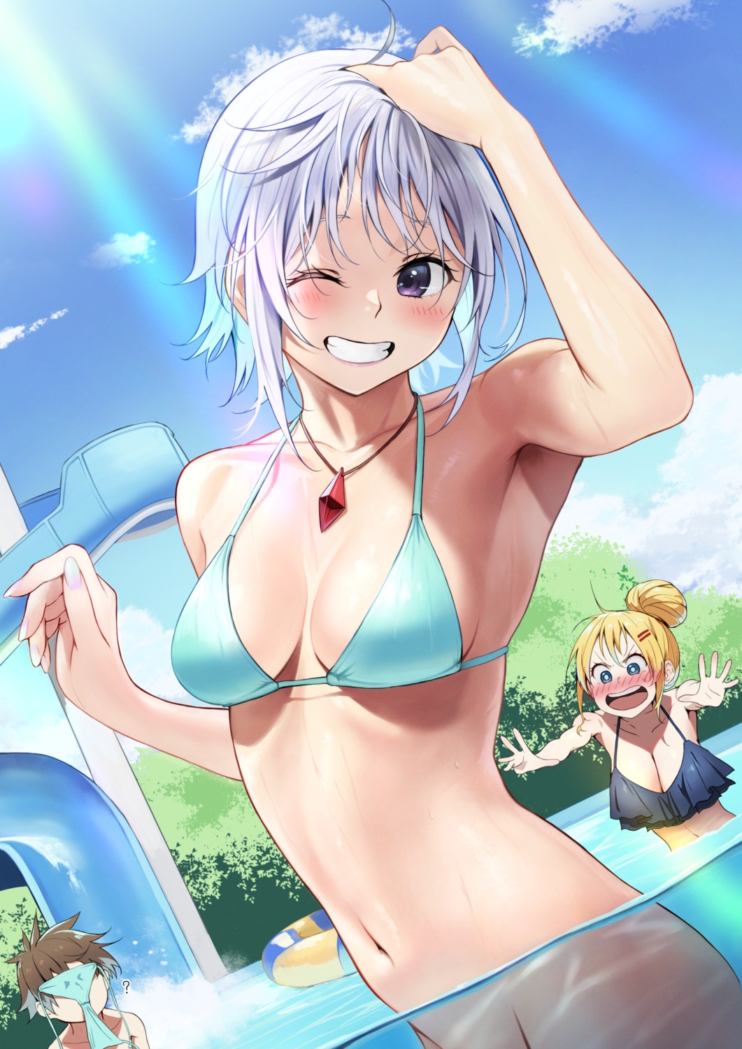 bikini_top bottomless dustiness_ford_raratina eris_(konosuba) izawa_(bhive003) kono_subarashii_sekai_ni_shukufuku_wo! satou_kazuma swimsuits wardrobe_malfunction wet