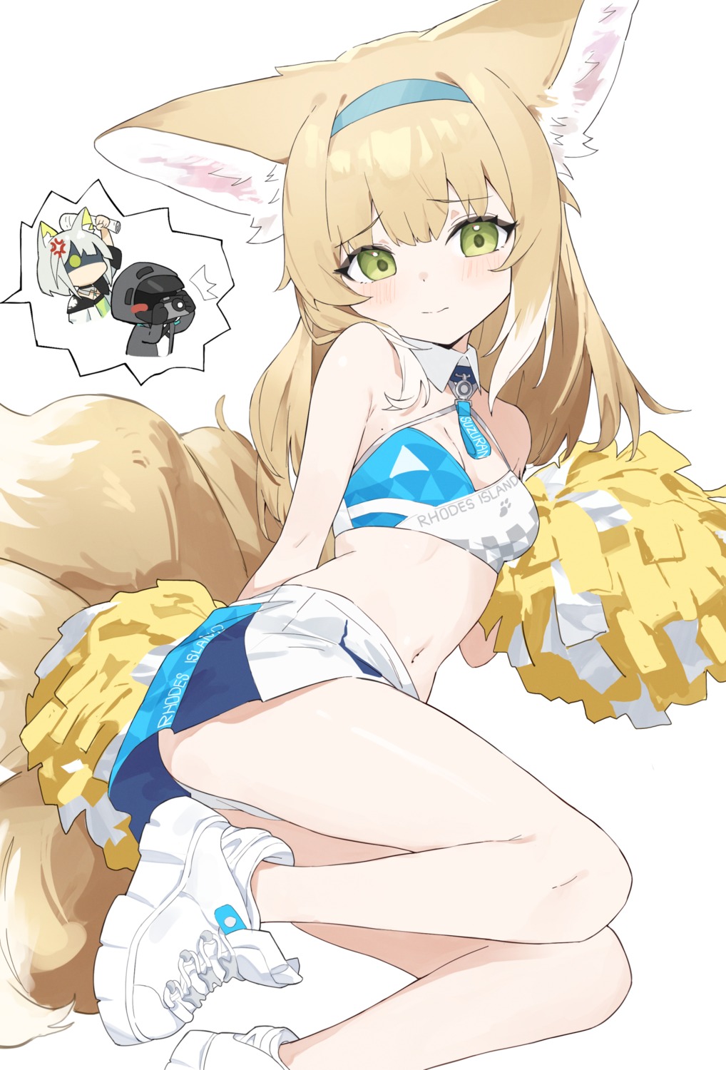 animal_ears arknights blue_archive cheerleader chibi cosplay kal'tsit_(arknights) kitsune loli nekomimi nekozuka_hibiki nihn pantsu skirt_lift suzuran_(arknights) tail