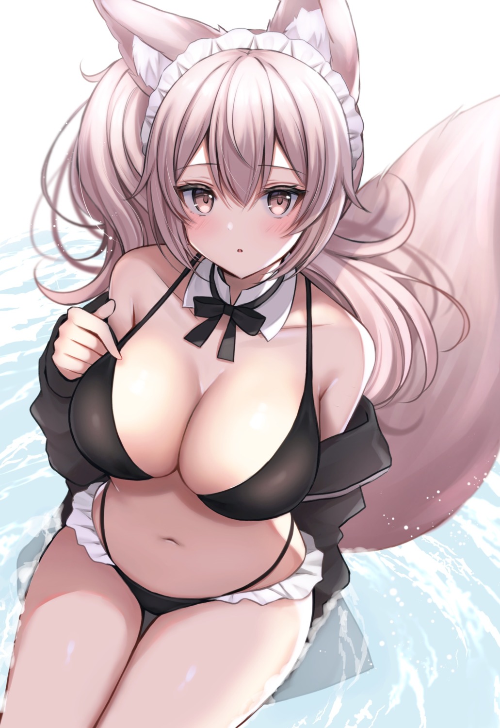 animal_ears bikini cleavage kitsune komari_mhy maid open_shirt swimsuits tail wet