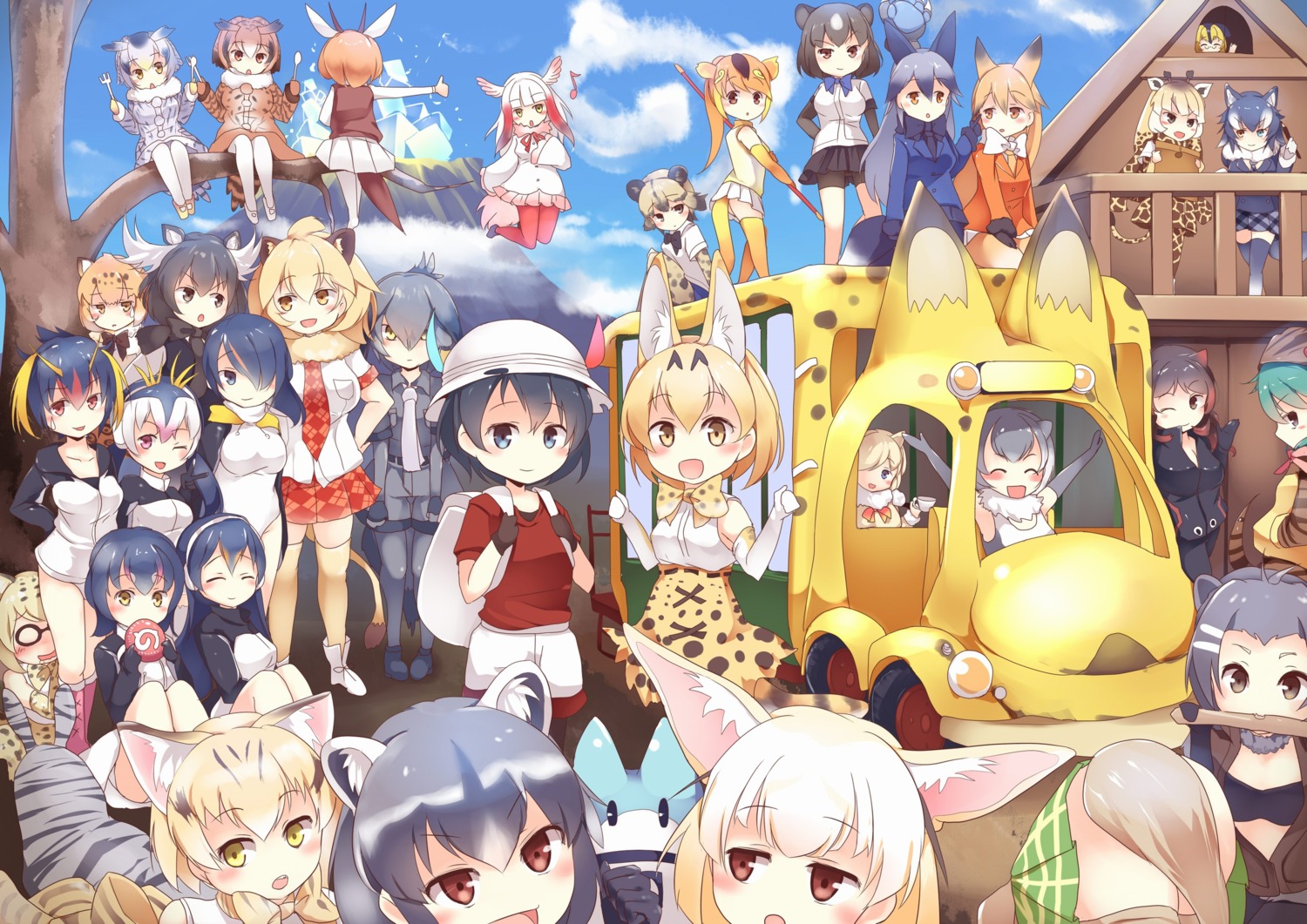 alpaca_suri american_beaver animal_ears axis-jika_(kemono_friends) brown_bear_(kemono_friends) campo_fliker common_raccoon crested_ibis emperor_penguin eurasian_eagle_owl ezo_red_fox fennec_(kemono_friends) gentoo_penguin golden_snub-nosed_monkey grey_wolf hawk_(kemono_friends) headphones heterochromia hippopotamas_(kemono_friends) humboldt_penguin jaguar_(kemono_friends) kaban_(kemono_friends) kanzakietc kemono_friends leotard lion_(kemono_friends) lucky_beast margay_(kemono_friends) megane moose_(kemono_friends) northern_white-faced_owl open_shirt pantyhose reticulated_giraffe rockhopper_penguin royal_penguin sand_cat serval shoebill silver_fox small-clawed_otter tail thighhighs tsuchinoko_(kemono_friends) weapon wings