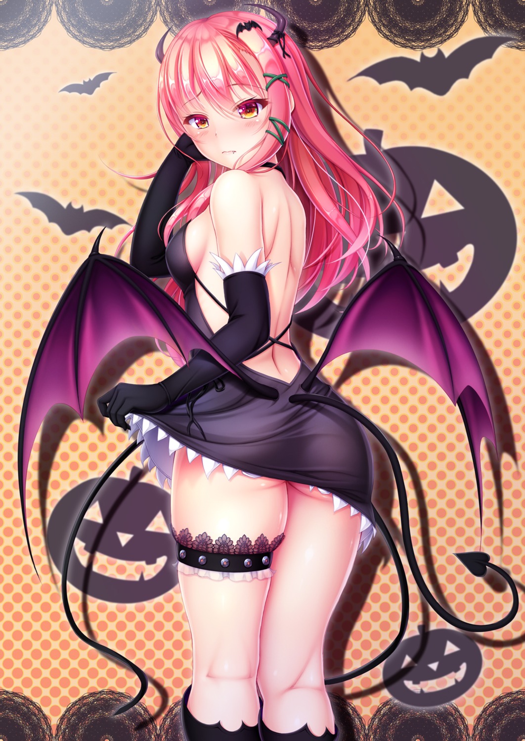 ass dress garter halloween hiro_(725611) horns no_bra nopan skirt_lift tail wings