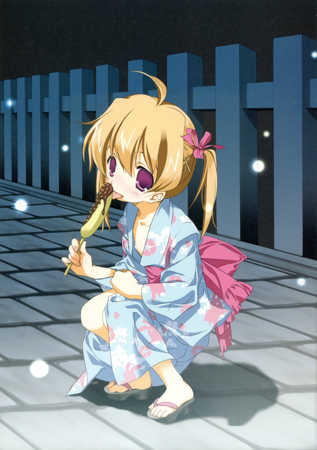 feet kyougetsutei loli miyashita_miki nipples open_shirt paper_texture yukata