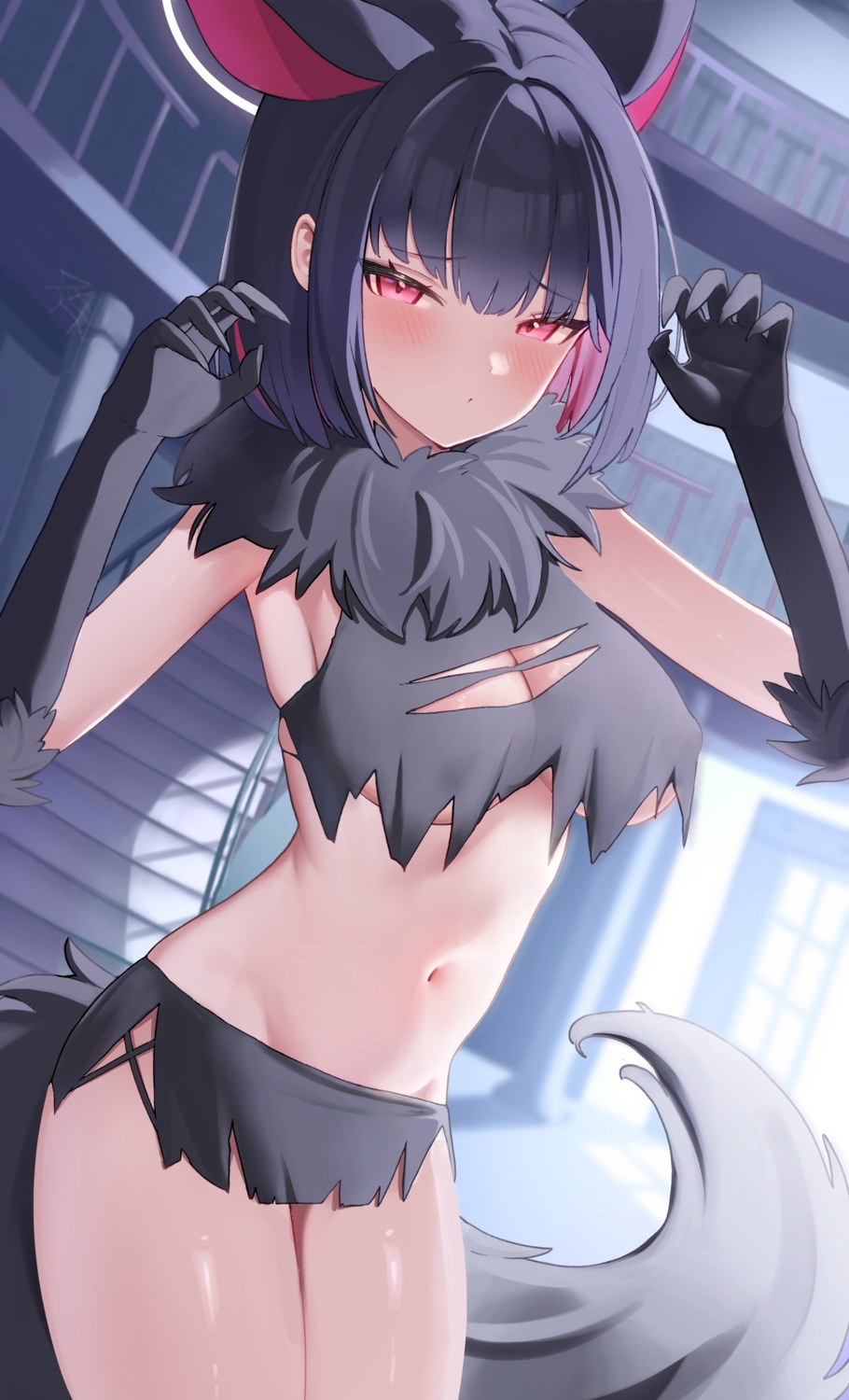 animal_ears blue_archive erect_nipples halo jinmuxi_(user_pvha4443) kyouyama_kazusa nekomimi no_bra tail torn_clothes