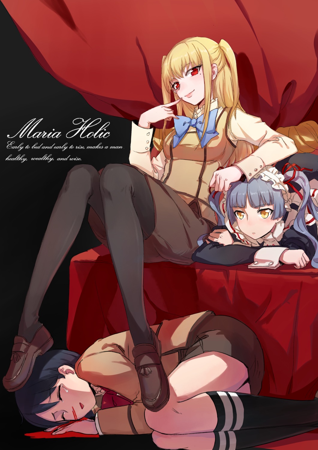 blood maid maria_holic miyamae_kanako seifuku shidou_mariya shinouji_matsurika thighhighs trap yolk_tomatosauce