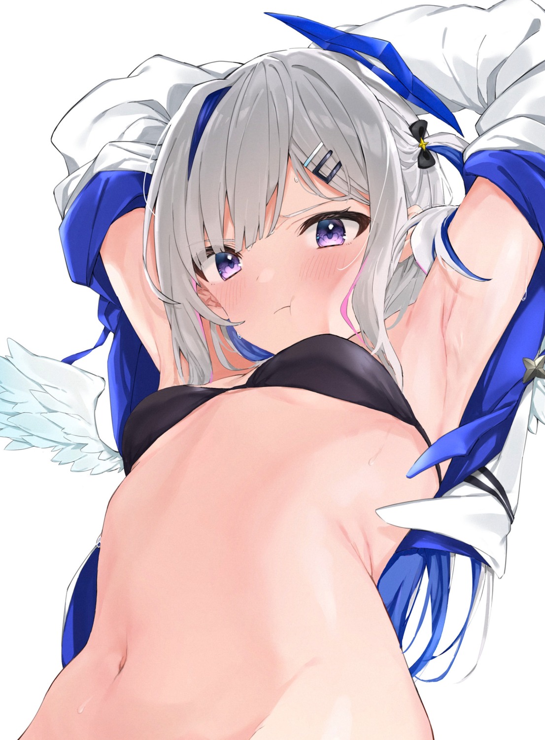 amane_kanata angel bra hololive kakeru_(kakeruanim) open_shirt undressing wings