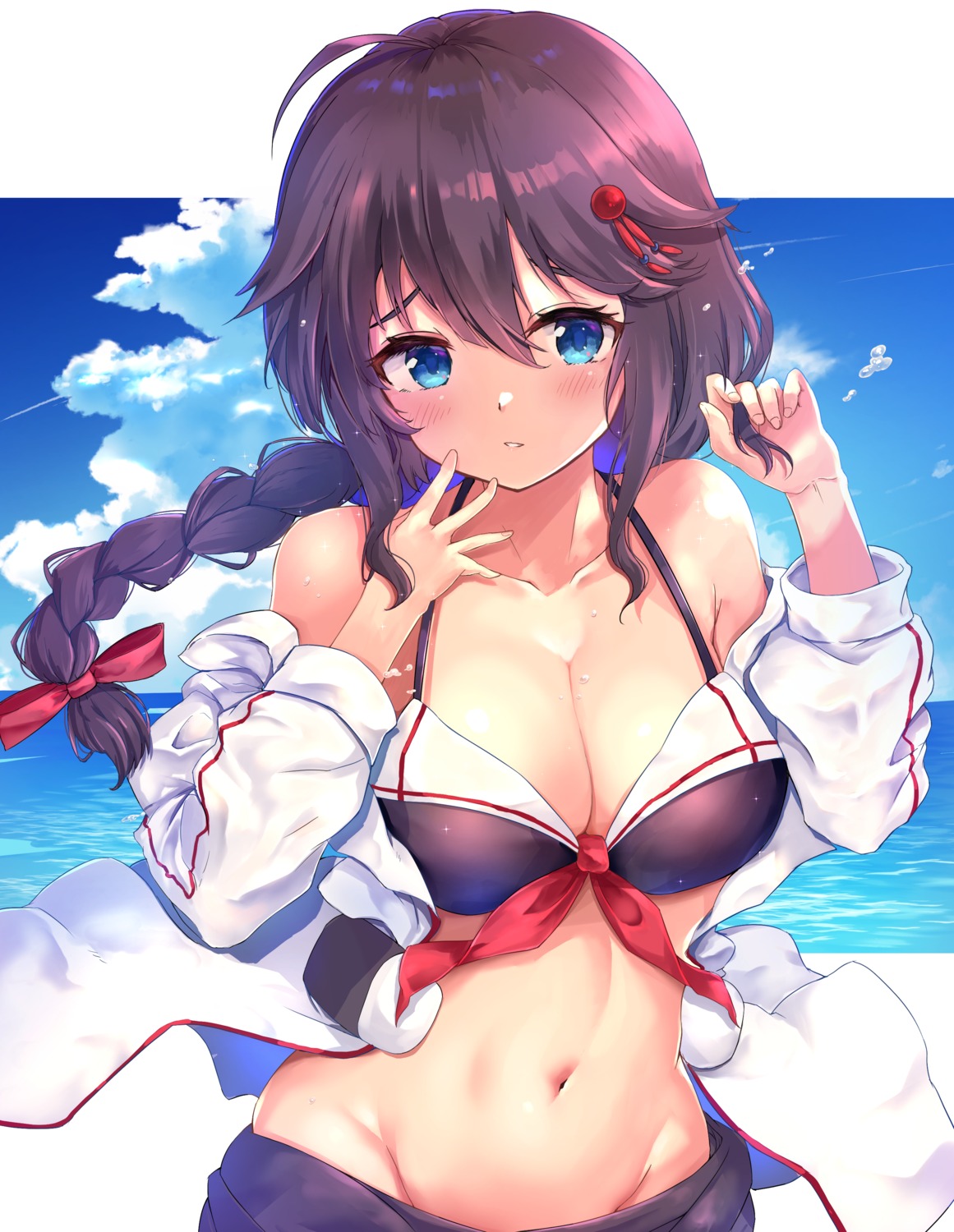 bikini_top cleavage kantai_collection nopan open_shirt oshiriusu shigure_(kancolle) swimsuits