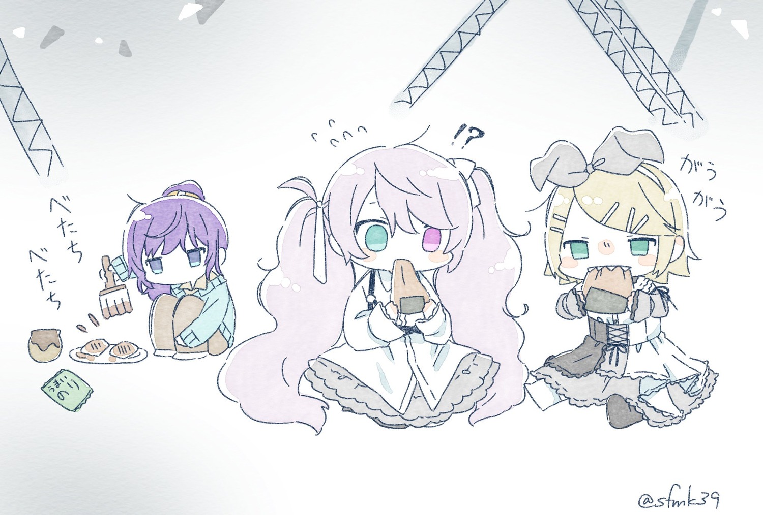 asahina_mafuyu chibi hatsune_miku heterochromia kagamine_rin lolita_fashion project_sekai sa-fu sketch sweater vocaloid