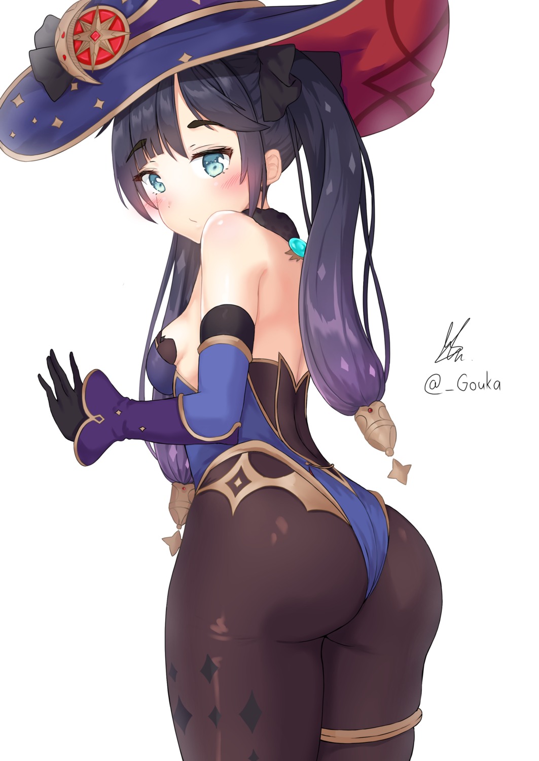 ass garter genshin_impact gouka leotard mona_megistus no_bra pantyhose witch