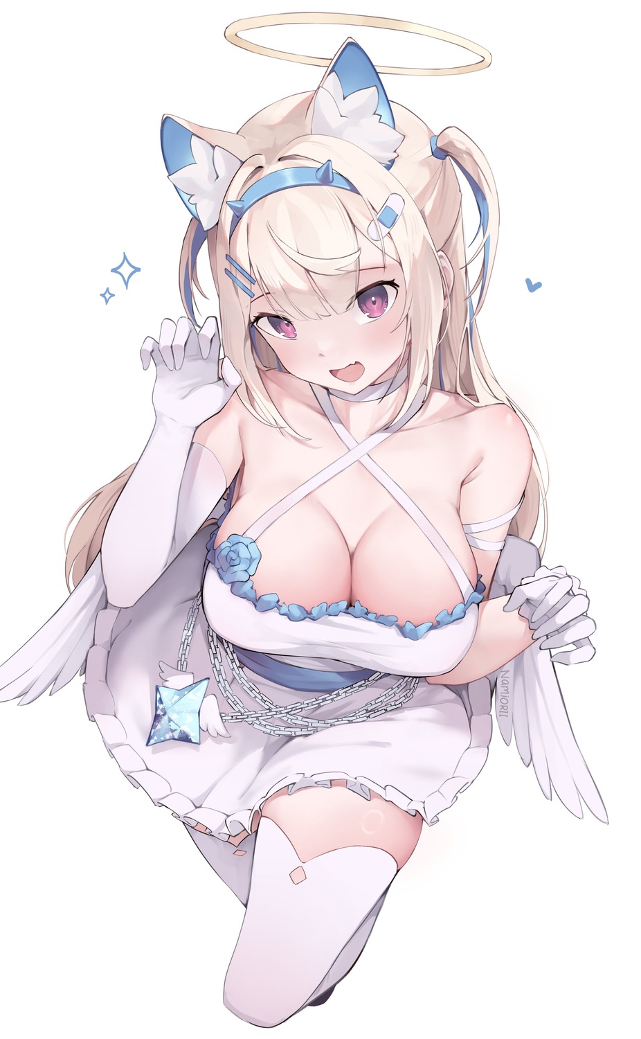 angel animal_ears bandaid dress fuwawa_abyssgard hololive hololive_english inumimi namiorii no_bra thighhighs wings