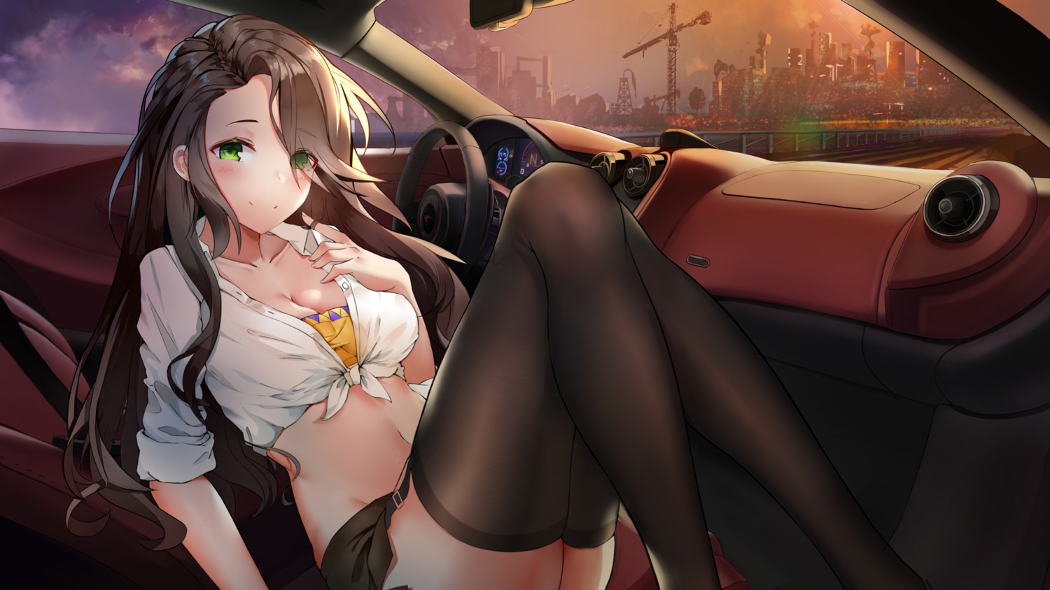 bra breast_hold cleavage jiao_jiao open_shirt stockings thighhighs wallpaper