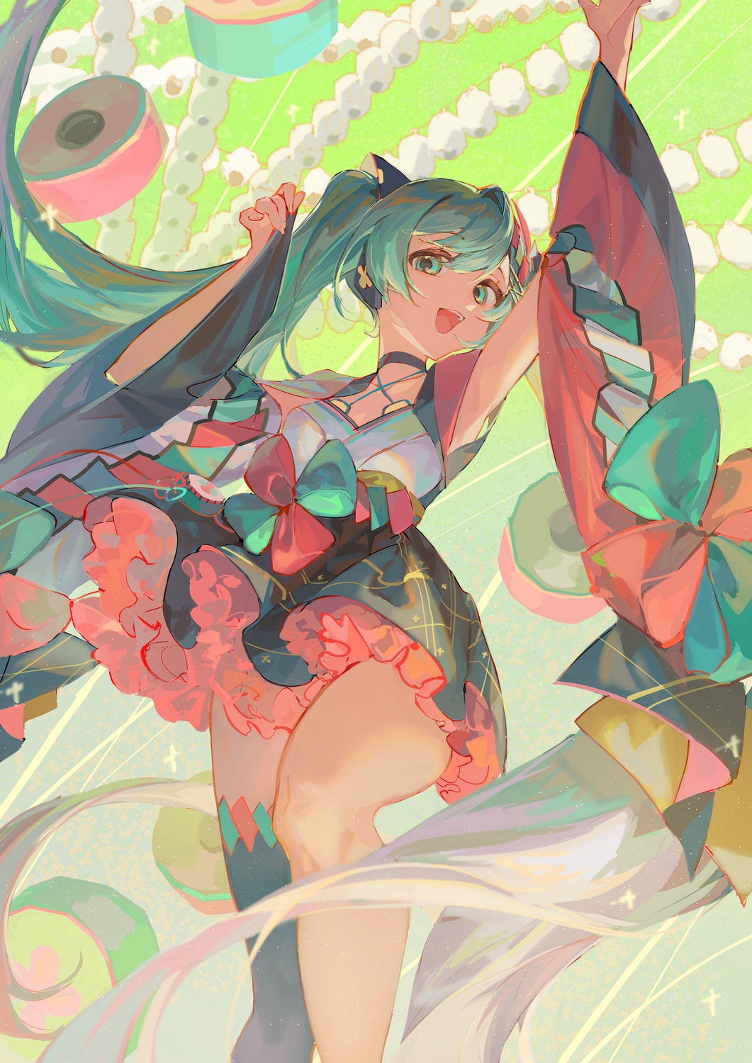 dress hatsune_miku hlymoriia magical_mirai skirt_lift thighhighs vocaloid