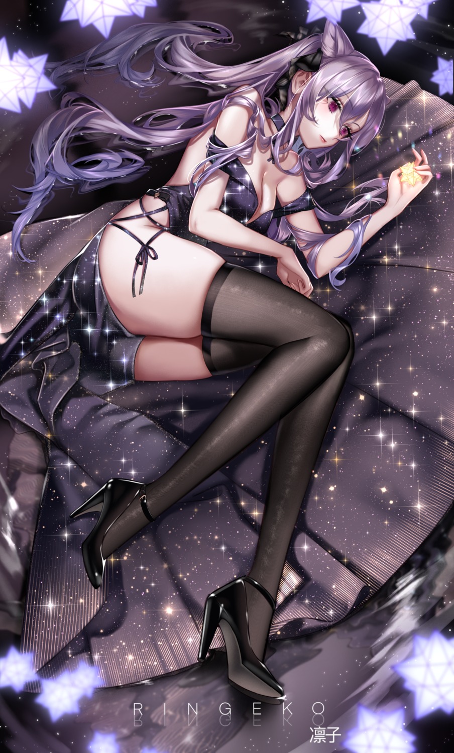 dress genshin_impact heels keqing no_bra nopan ringeko-chan thighhighs