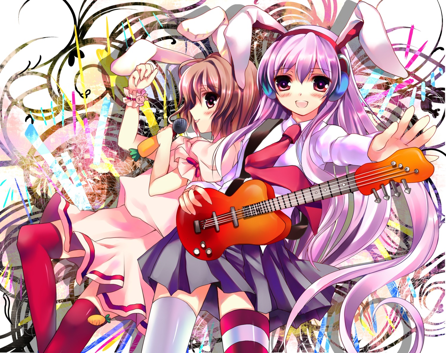 animal_ears azumi_kazuki guitar inaba_tewi reisen_udongein_inaba thighhighs touhou