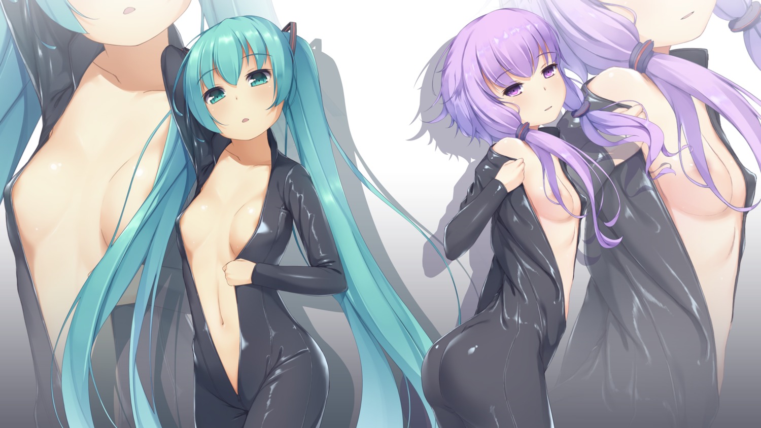 areola ass bodysuit breasts hatsune_miku no_bra open_shirt papino vocaloid yuzuki_yukari