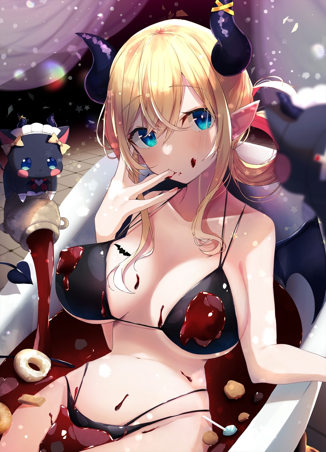 bathing bikini cream erect_nipples hololive horns nidaime pointy_ears swimsuits yuzuki_choco