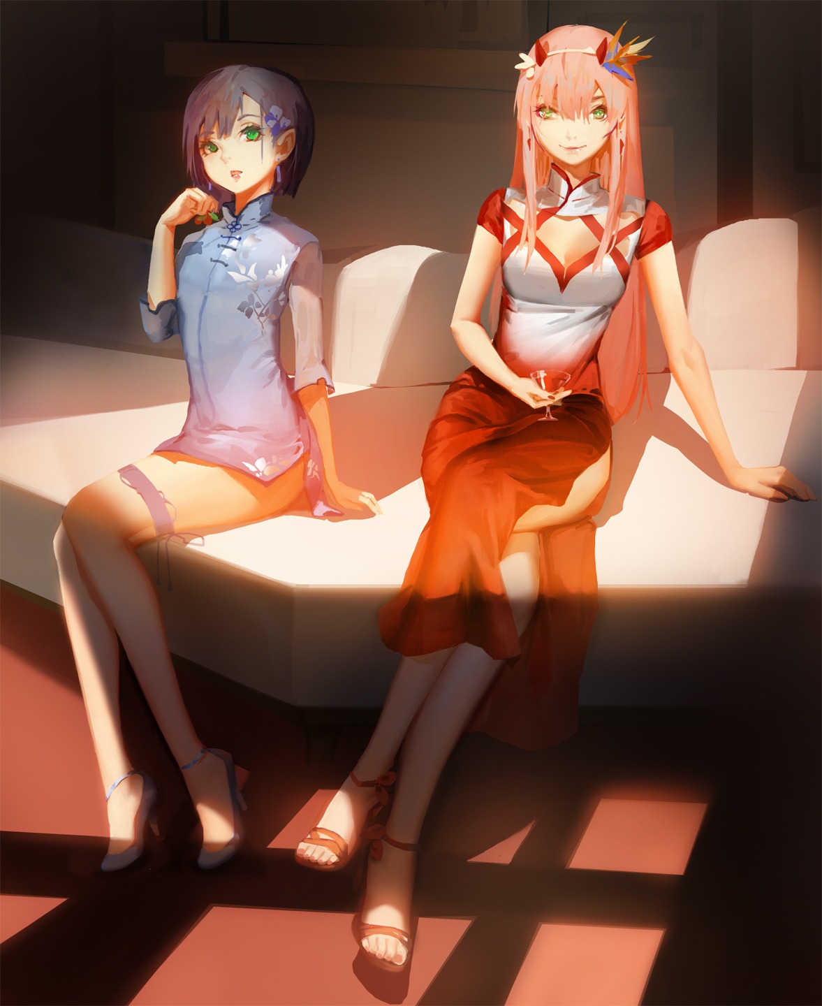 asian_clothes blackrabbitsoul cleavage darling_in_the_franxx dress heels horns ichigo_(darling_in_the_franxx) see_through zero_two_(darling_in_the_franxx)