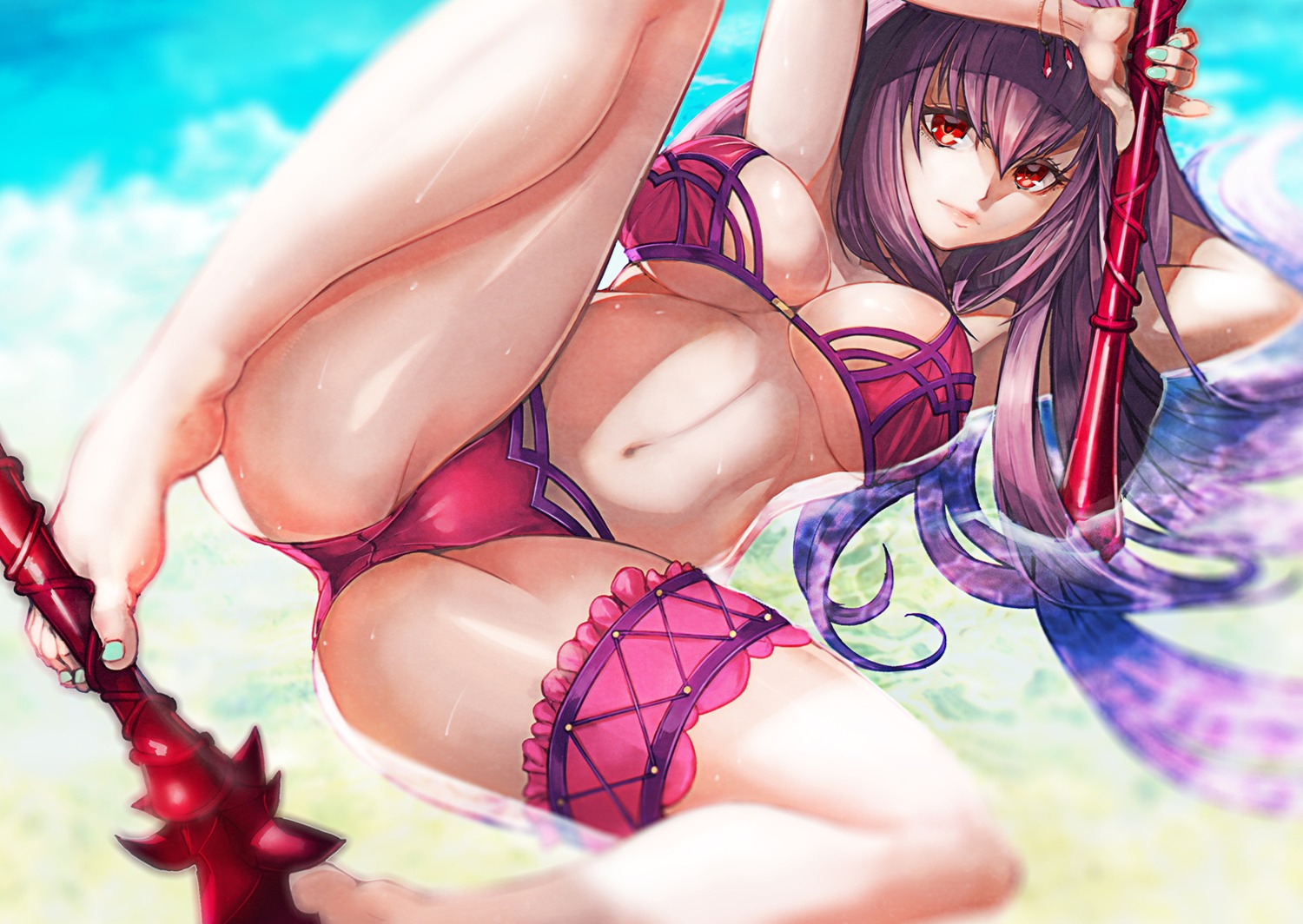 bikini cameltoe fate/grand_order garter scathach_(fate/grand_order) srsojiro swimsuits weapon