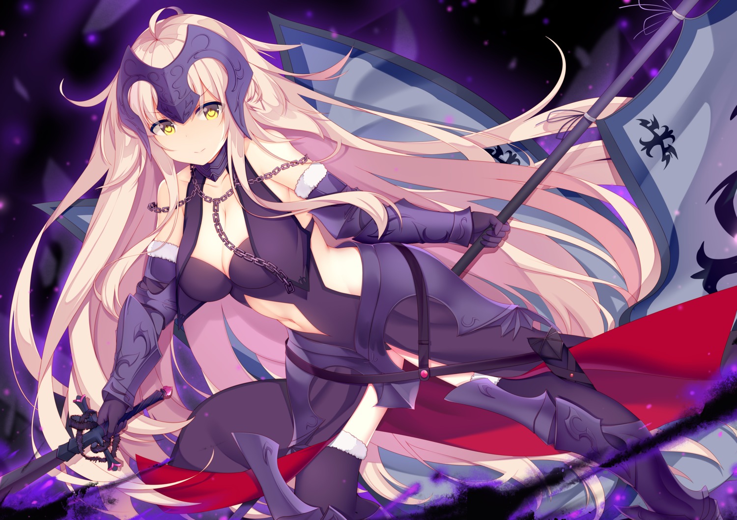 armor cleavage fate/grand_order jeanne_d'arc jeanne_d'arc_(alter)_(fate) jyt sword thighhighs