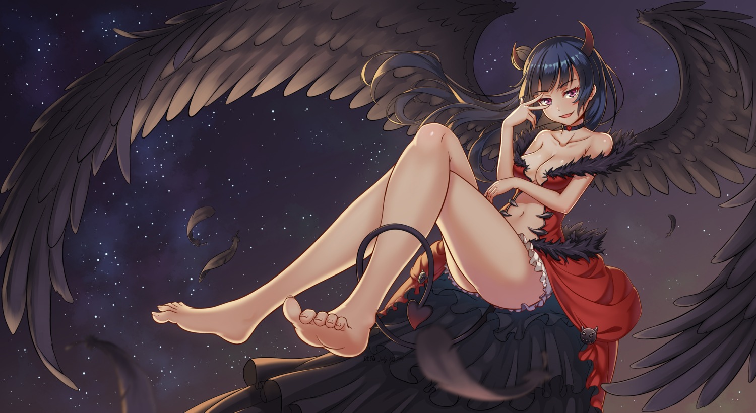 cleavage dress feet horns kohaku_(ambermoe) love_live!_sunshine!! no_bra tail tsushima_yoshiko wings