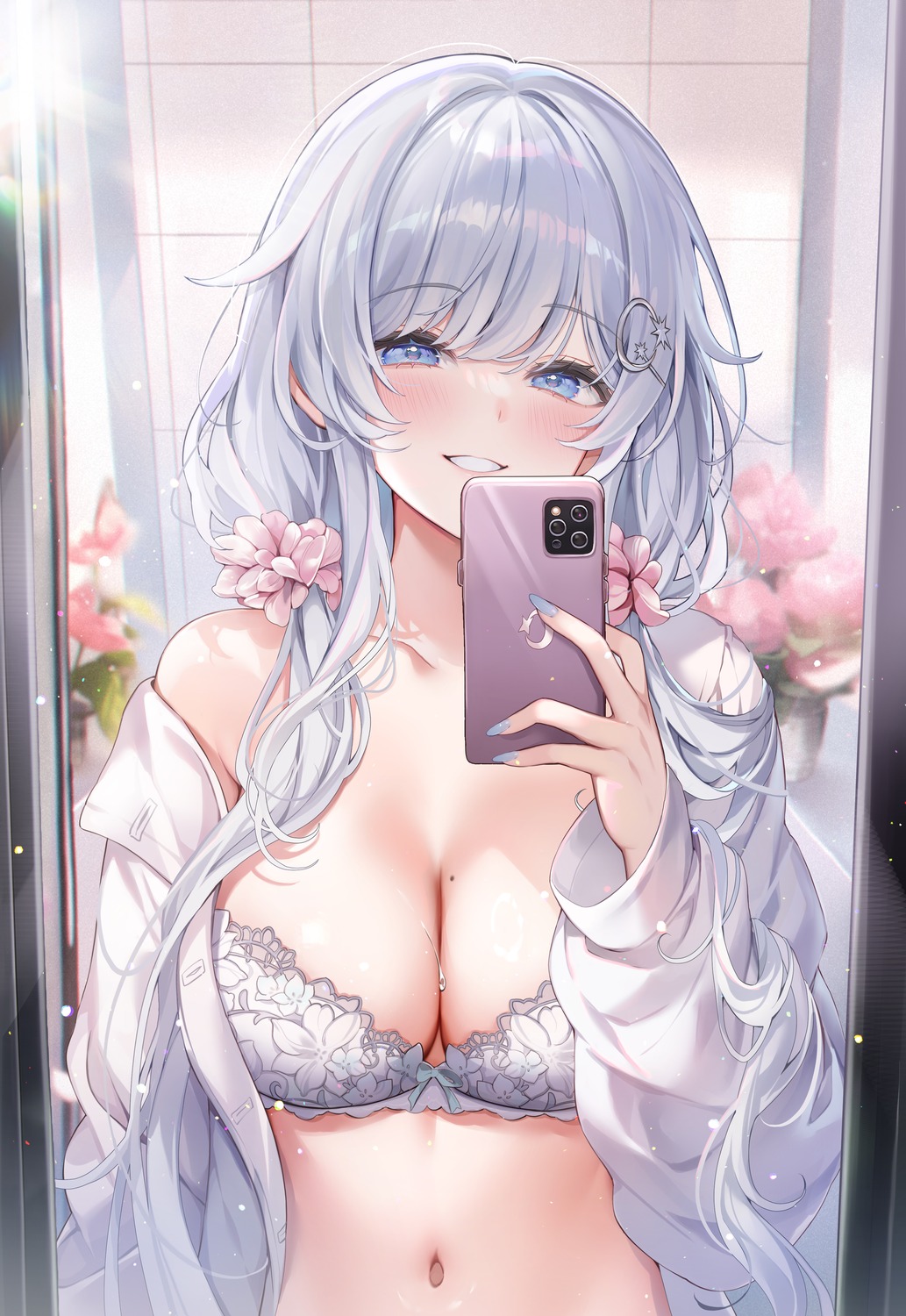 bra machi_(7769) open_shirt selfie