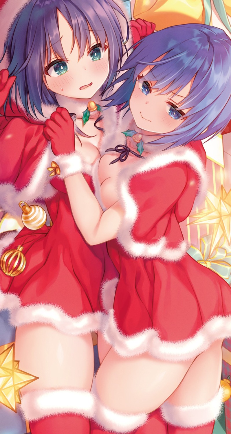 christmas cleavage dress konomi liar_liar minami_shizuku_(liar_liar) no_bra symmetrical_docking thighhighs yuri