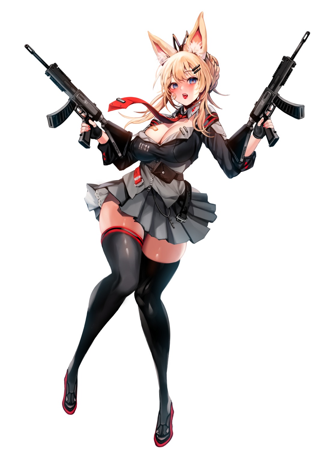 animal_ears bandaid gun no_bra open_shirt skirt_lift thighhighs uniform zerocat