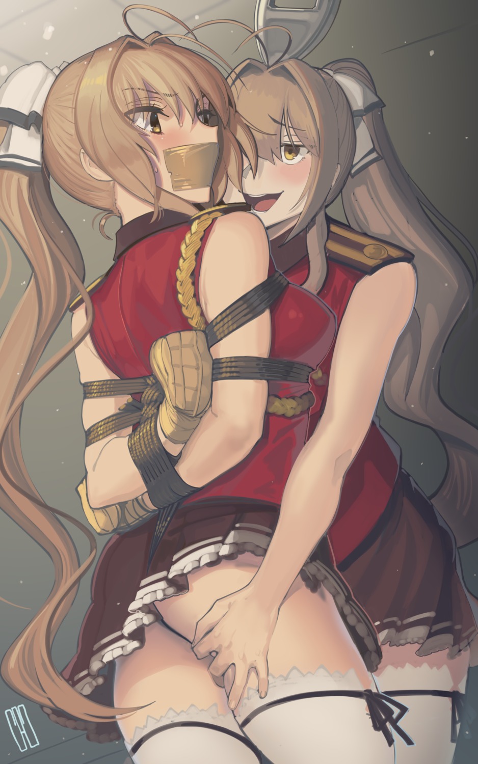 amagi_brilliant_park ass bondage kaddo nopan sento_isuzu skirt_lift thighhighs uniform yuri