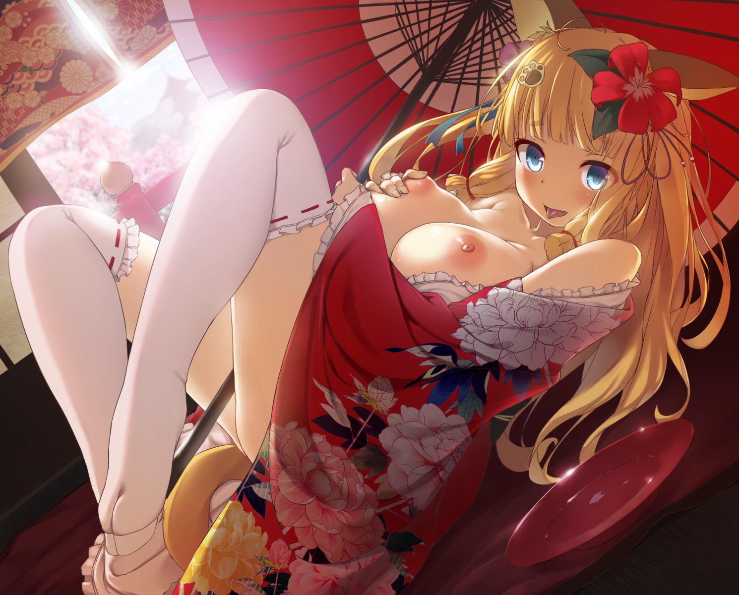 animal_ears breasts feet kimono nipples no_bra open_shirt papino tail thighhighs umbrella