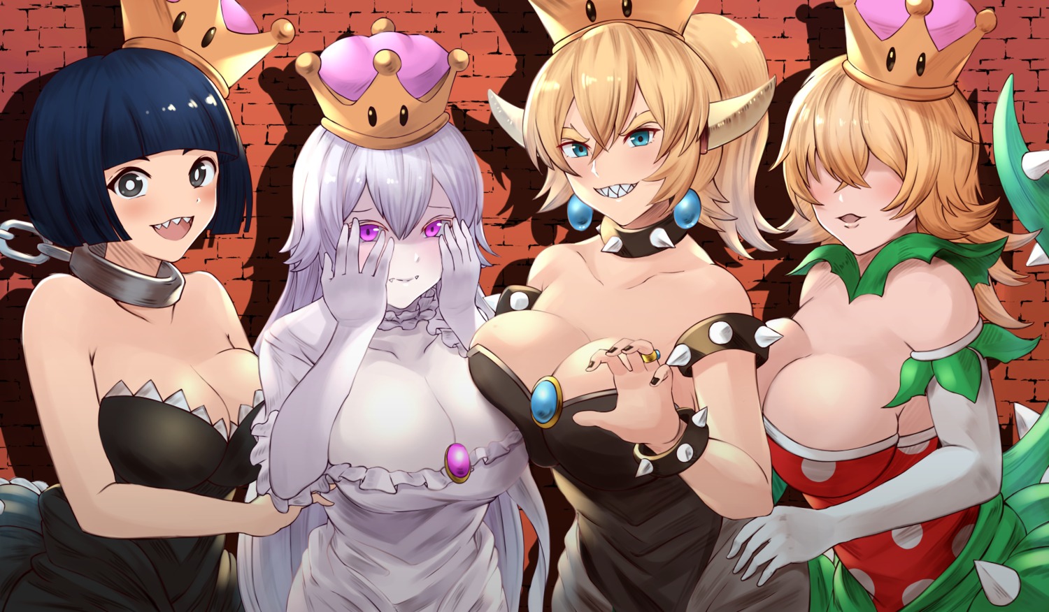 bowsette cleavage dress haido_(ryuuno_kanzume) horns mario_bros. new_super_mario_bros._u_deluxe piranha_plant princess_chain_chomp princess_king_boo tail