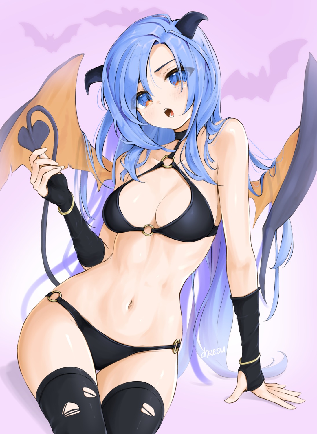 bra chaesu devil halloween horns minah_(chaesu) tail thighhighs torn_clothes wings