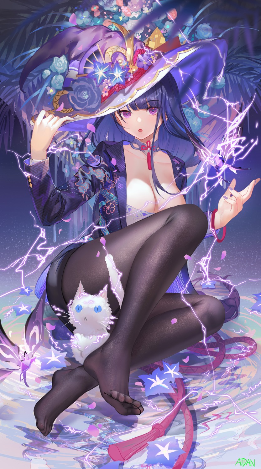 artist_revision atdan business_suit feet genshin_impact neko no_bra pantyhose raiden_shogun witch